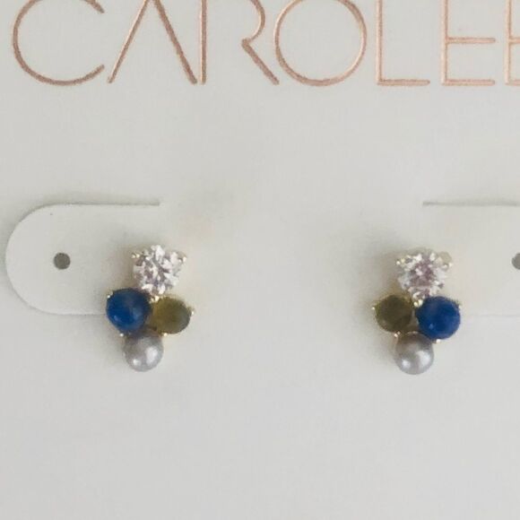 CAROLEE Stone & Freshwater Pearl Stud Earrings, Blue/Yellow/Gold, Pearl, NWT - Picture 2 of 9
